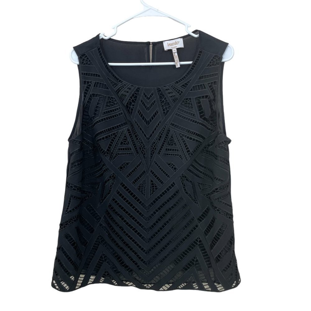 LAUNDRY SHELLI SEGAL Size‎ 14 Black Lace Top Blouse Sleeveless Layered